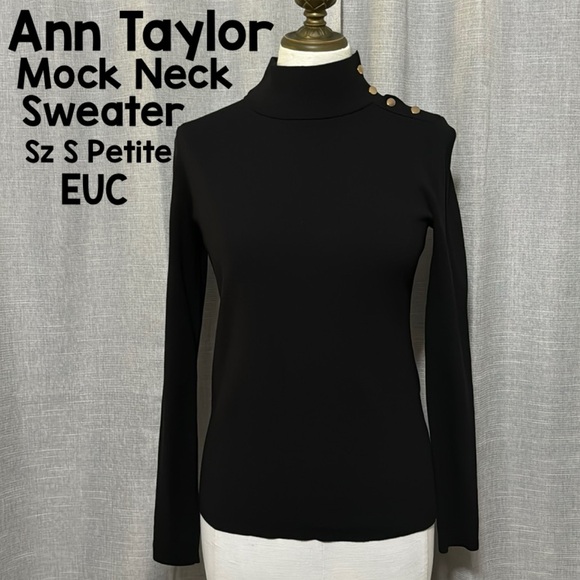 Ann Taylor Sweaters - Ann Taylor Black Mock Neck Sweater-Button Detail @ Neck-Sz S Petite-Viscose-EUC